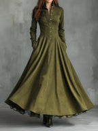 Women'S Vintage Stand‑Collar Button‑Front Maxi Dress