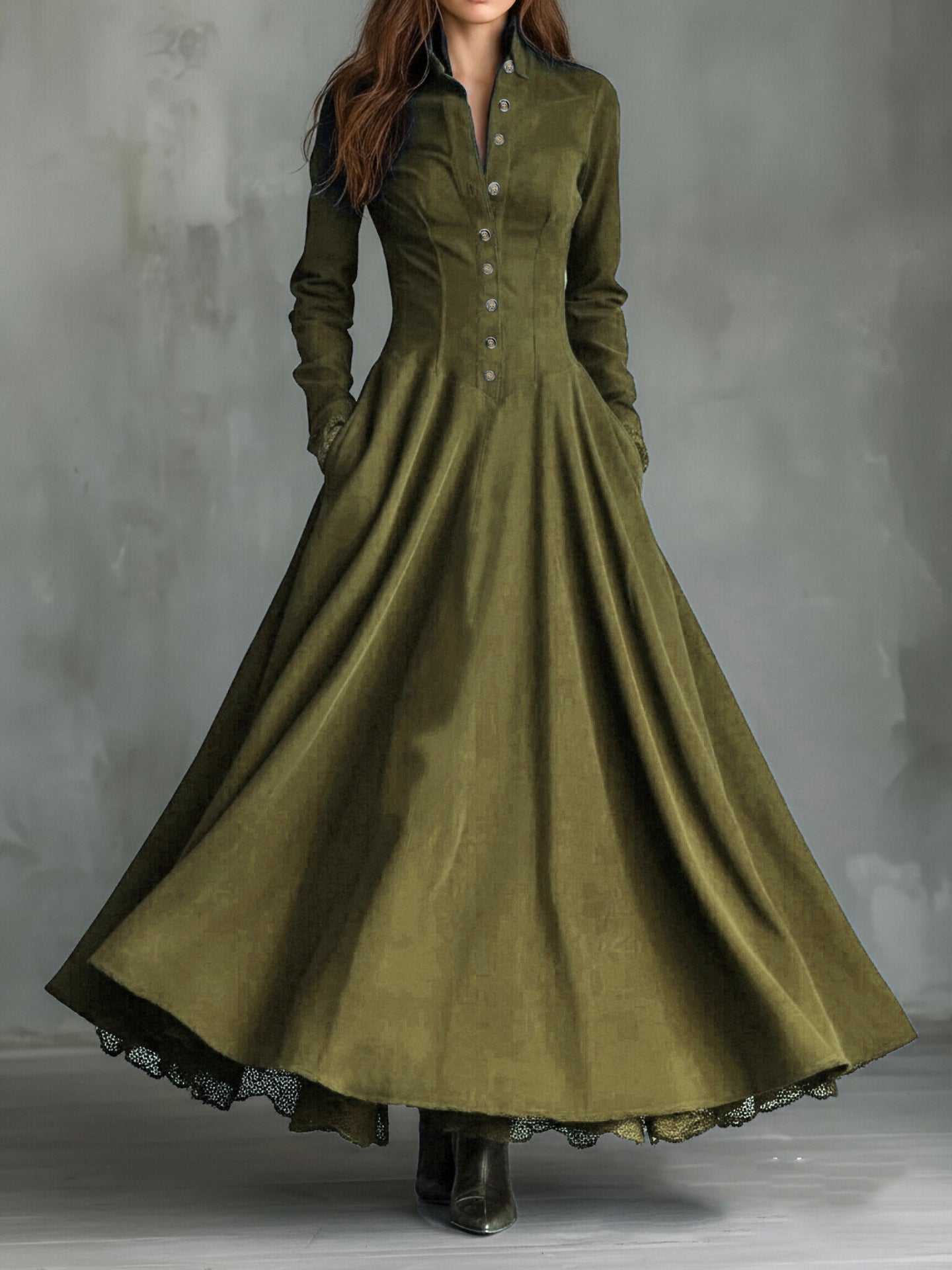 Women'S Vintage Stand‑Collar Button‑Front Maxi Dress