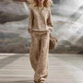 Leopard Print Knit 2-Piece Outfit: Crewneck Sweater & Wide Leg Trousers Set