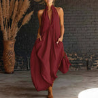 Sleeveless Stand Collar Solid Color Long Vacation Dress