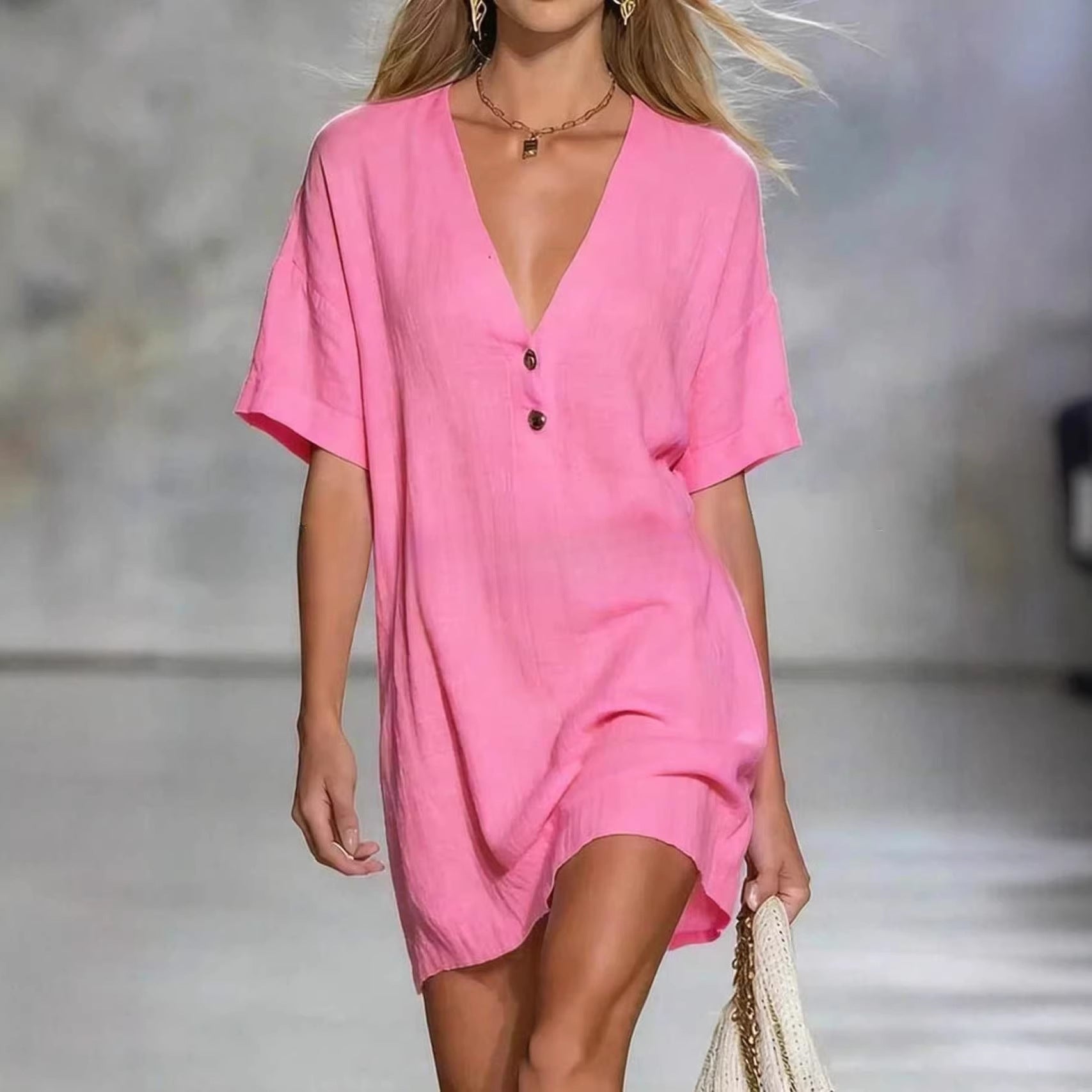 Effortless Chic Linen-Blend V-Neck Shirt Dress