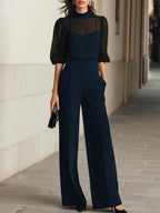 Women'S Mesh Puff‑Sleeve Mock Neck Top & High‑Waist Wide‑Leg Pants Two‑Piece Set