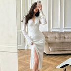 Women Polka‑Dot Lace Trim Long Sleeve Midi Dress