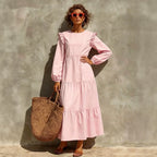Women's Solid Emerald Green Ruffle Shoulder Tiered Long‑Sleeve Maxi Dress