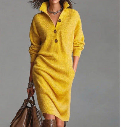 Women's Autumn Casual Lapel Button Loose Mid-Length Sweater Dress