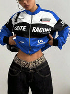 Women Color Block Racing Jacket Zip Up Letter Print Bomber Jacket Y2K Streetwear