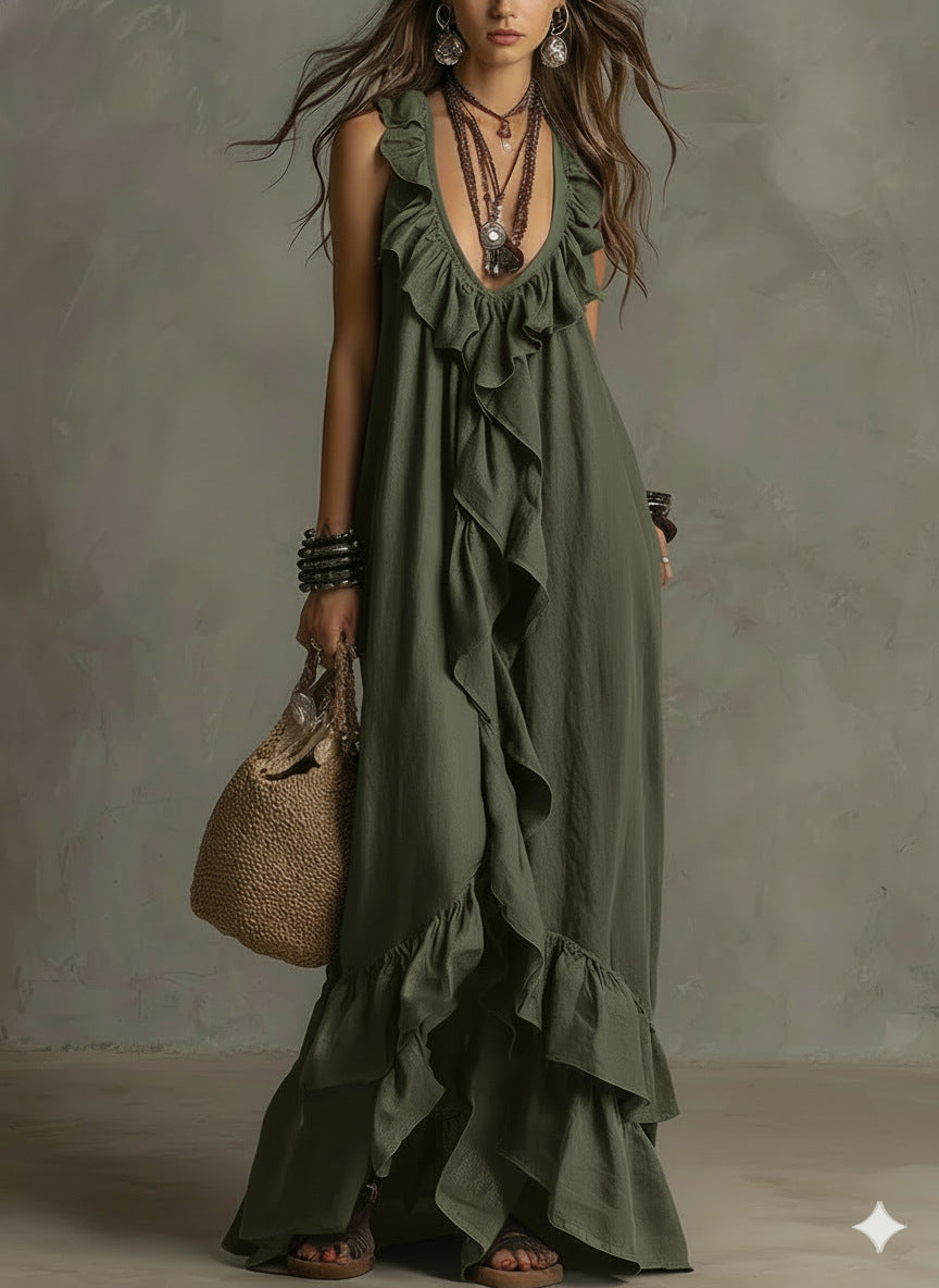 Casual Bohemian Urban V-Neck Short-Sleeved Ruffle Retro Dress