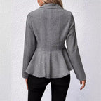 Herringbone Peplum Button‑Front Collared Jacket