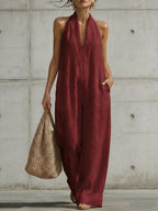 Linen Halter Deep V Wide Leg Cuffed Jumpsuit