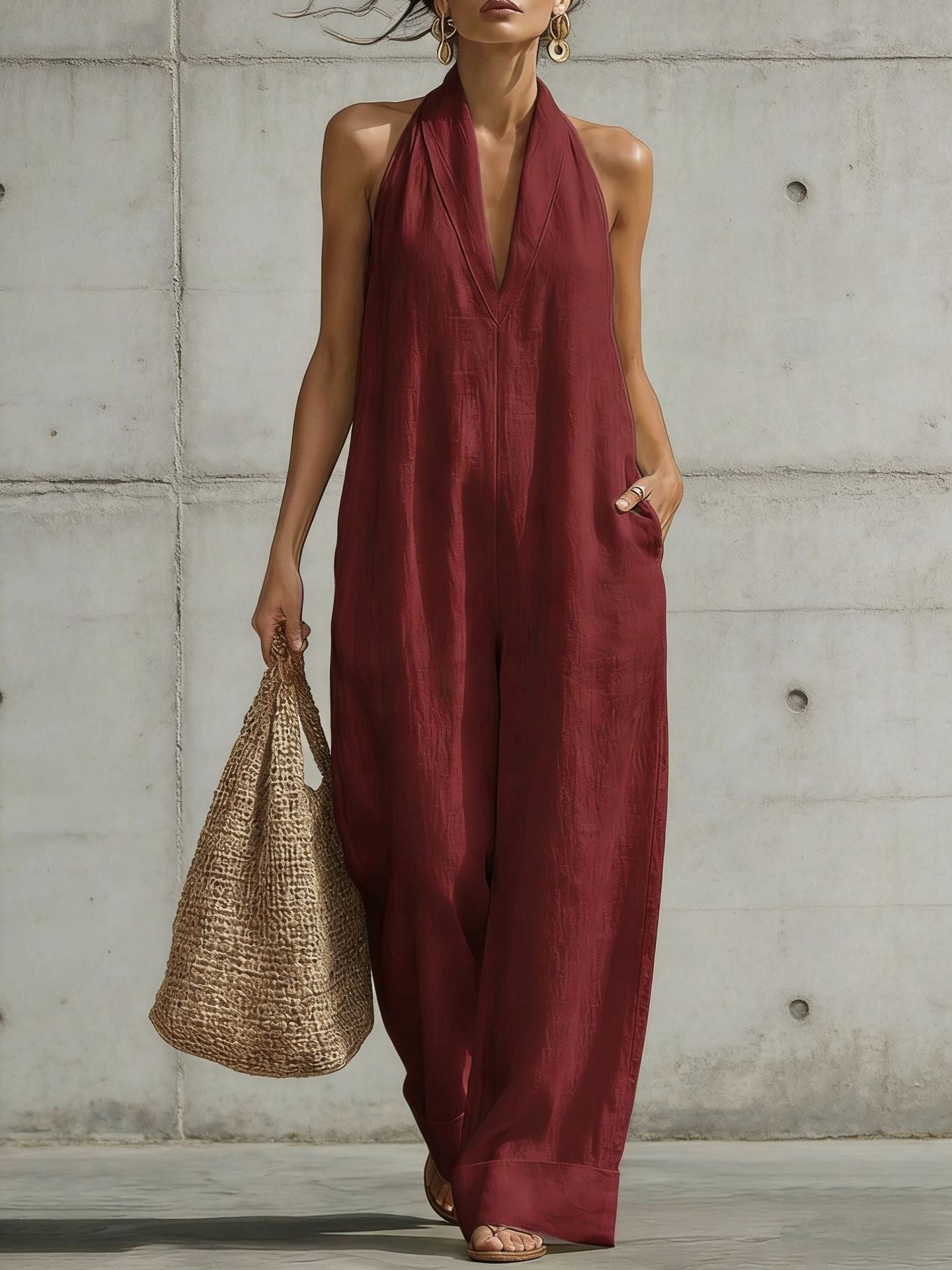 Linen Halter Deep V Wide Leg Cuffed Jumpsuit