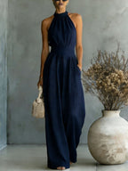 Halter Neck Linen-Blend Wide Leg Jumpsuit