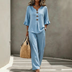 Light Blue V Neck Ruffle Sleeve Linen Two-Piece Wide Leg Pants Set