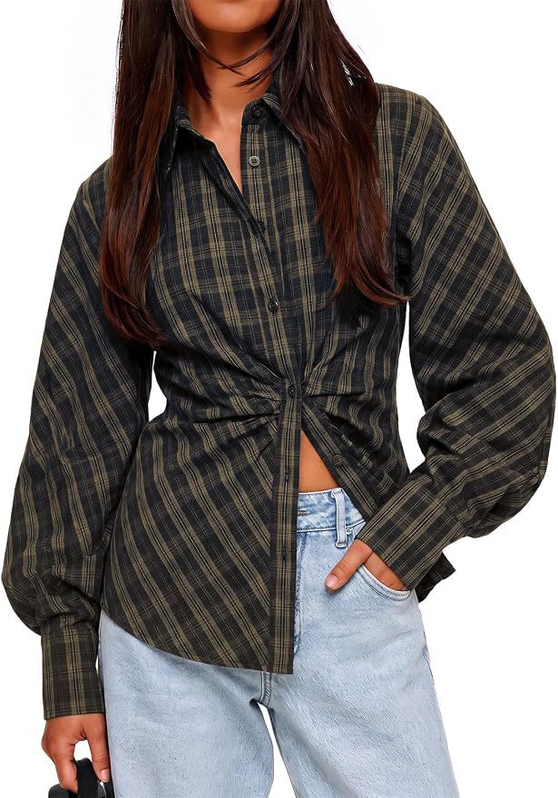 Vintage Brown Checkered Collared Long Sleeve Slim Fit Blouse