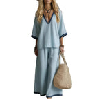Effortless V-Neck Top & Wide-Leg Pants Two-Piece Set
