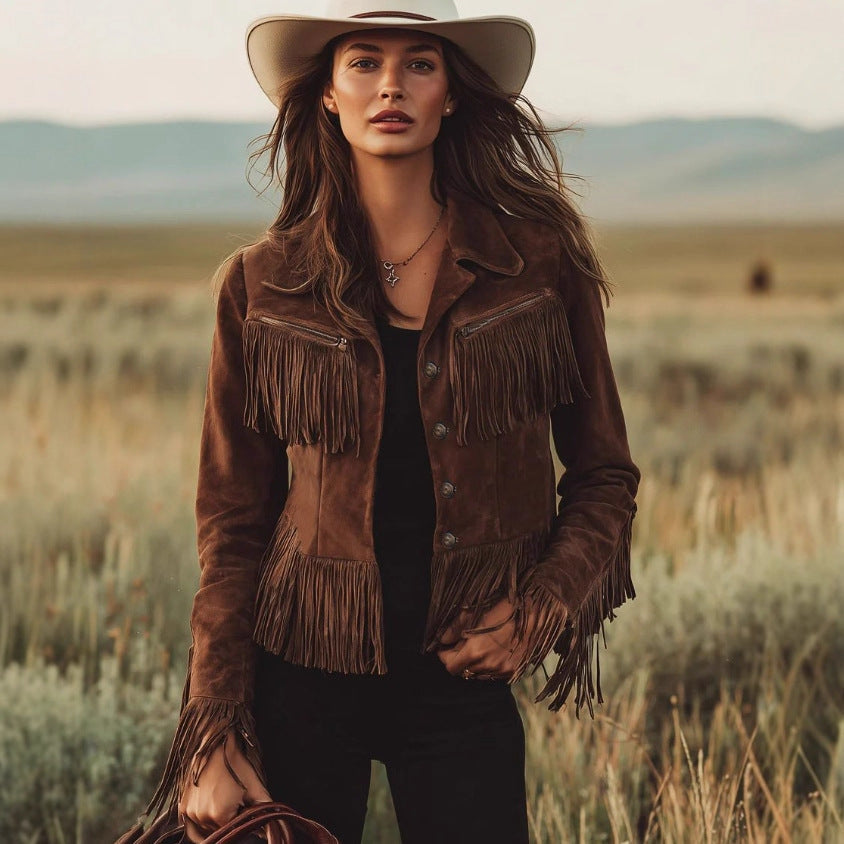 Solid Color Lapel Short Tassel Suede Jacket