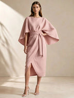 Cape Sleeve Belted Wrap Midi Dress