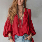 Split V-Neck Puff Long Sleeve Loose Textured Blouse