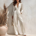 Satin Surplice V‑Neck Long Sleeve Waist‑Tied Wide Leg Elegant Jumpsuit With Pockets
