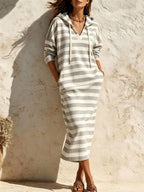 Stripe Hooded Drawstring Long‑Sleeve Midi Sweatshirt Dress