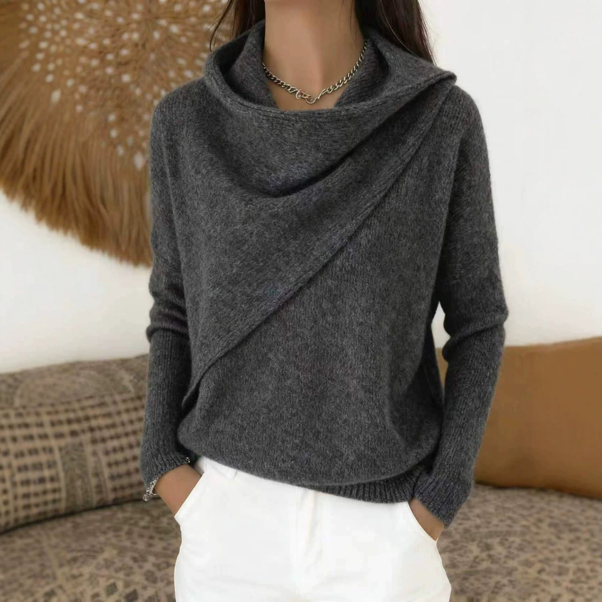 Draped Cowl Neck Long Sleeve Knit Sweater Top