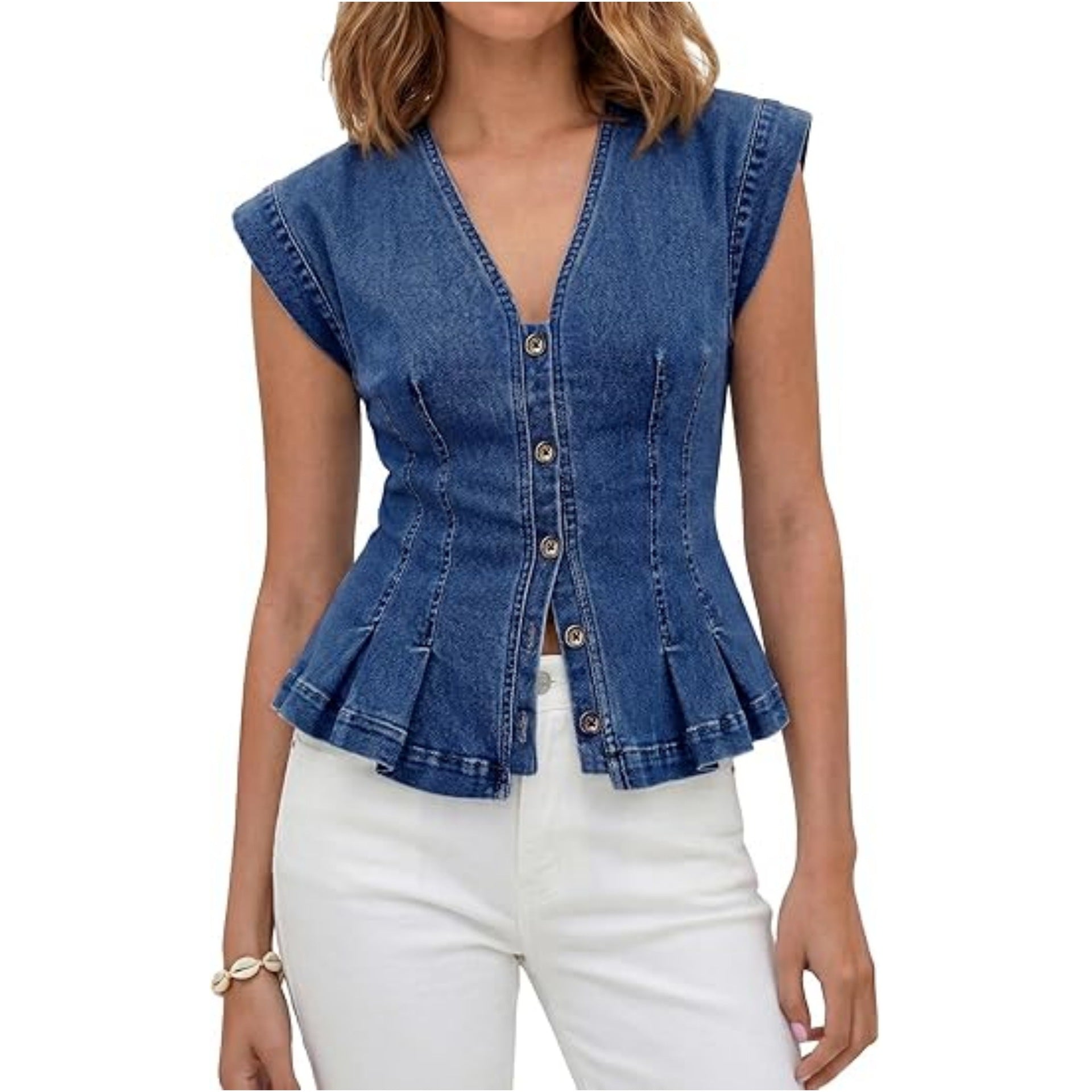 V-Neck Denim Peplum Vest
