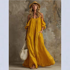 Cold Shoulder Puff Sleeve Pocketed Flowy White Maxi Caftan Dress