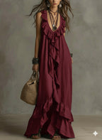 Casual Bohemian Urban V-Neck Short-Sleeved Ruffle Retro Dress