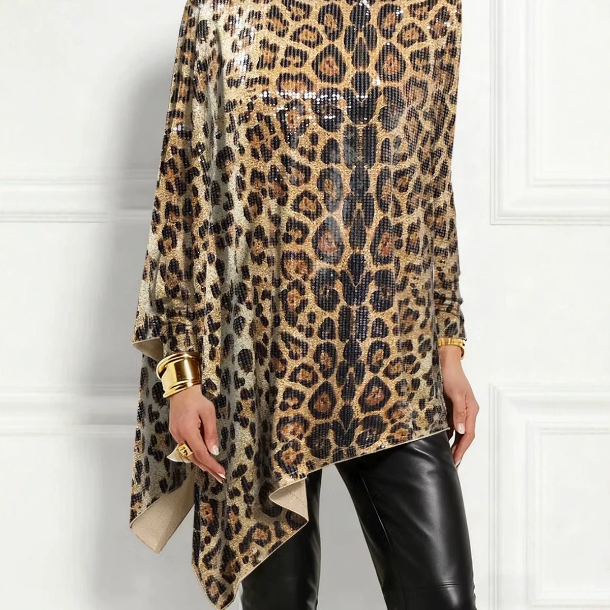Leopard Sequin Turtleneck Asymmetric Draped Long Sleeve Loose Blouse Top