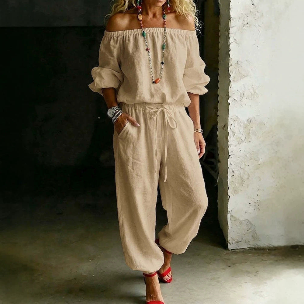 Sage Linen Off Shoulder Drawstring Waist Jogger Jumpsuit