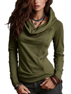 Women Cowl Neck Hooded Sweatshirt Asymmetric Button Long Sleeve Slim Fit Hoodie