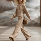 Leopard Print Knit 2-Piece Outfit: Crewneck Sweater & Wide Leg Trousers Set