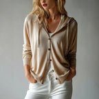 Women'S Hooded Solid Color Long-Sleeved Loose Twist-Button Cardigan