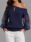 Asymmetric Off‑Shoulder Mesh Puff Sleeve Ribbed Knit Sweater