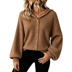 Vertical Rib Knit Hooded Button Down Balloon Sleeve Cardigan