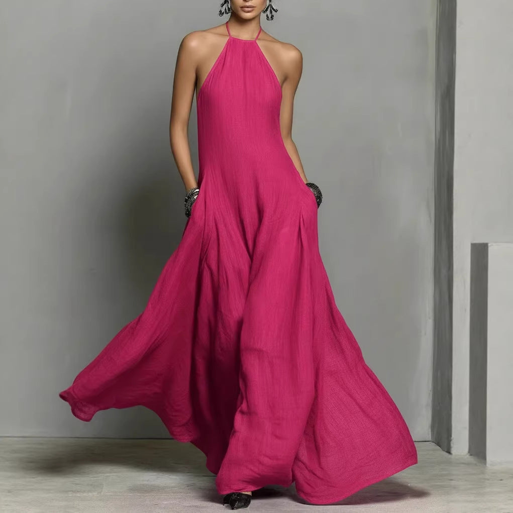 Cotton And Linen Blend Simple Backless Sleeveless Long Dress