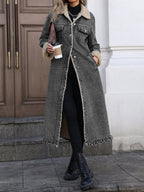 Long Denim Sherpa Coat | Cotton Lining, Warm Overcoat