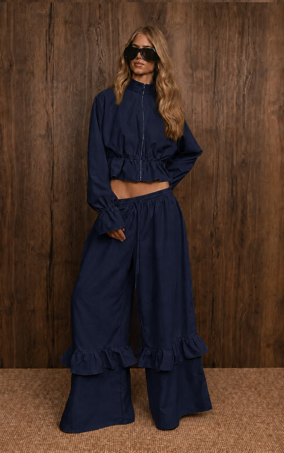 Casual Dusty Lavender Cropped Jacket and Flared Ruffle Pant Set