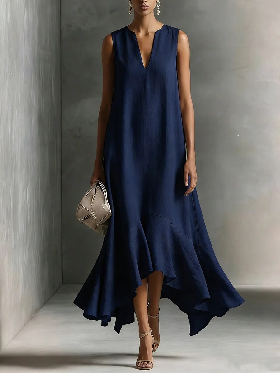 Sleeveless V-Neck Linen Midi Dress with Ruffled Hem