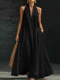 Elegant Black Halter Neck Maxi Dress – Casual Loose Cotton Linen Sundress with Pockets