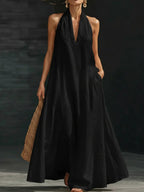 Elegant Black Halter Neck Maxi Dress – Casual Loose Cotton Linen Sundress with Pockets