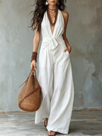 Earthy Brown Halter Wide-Leg Jumpsuit