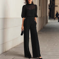 Women'S Mesh Puff‑Sleeve Mock Neck Top & High‑Waist Wide‑Leg Pants Two‑Piece Set