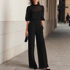 Women'S Mesh Puff‑Sleeve Mock Neck Top & High‑Waist Wide‑Leg Pants Two‑Piece Set
