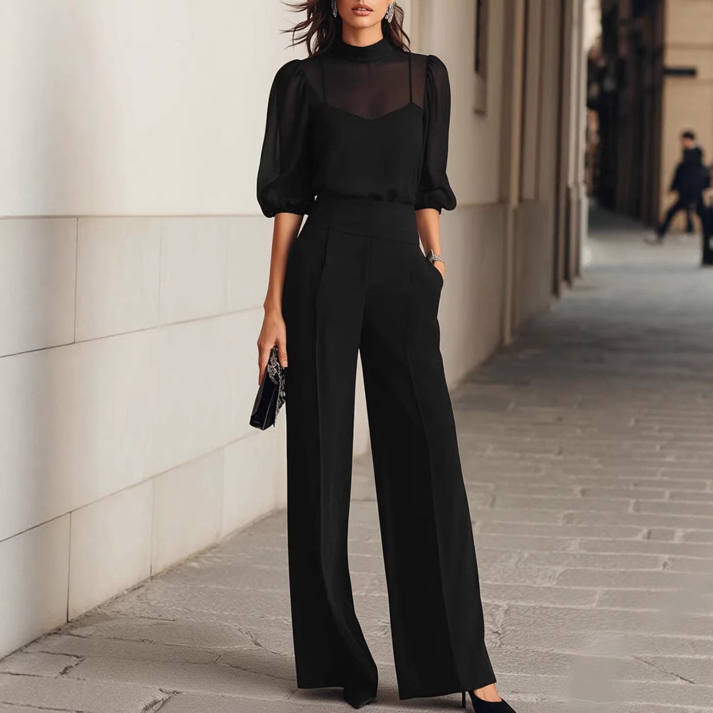 Women'S Mesh Puff‑Sleeve Mock Neck Top & High‑Waist Wide‑Leg Pants Two‑Piece Set