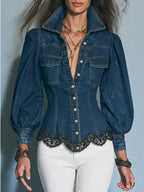 Puff Sleeve Lace Trim Fitted Denim Shirt