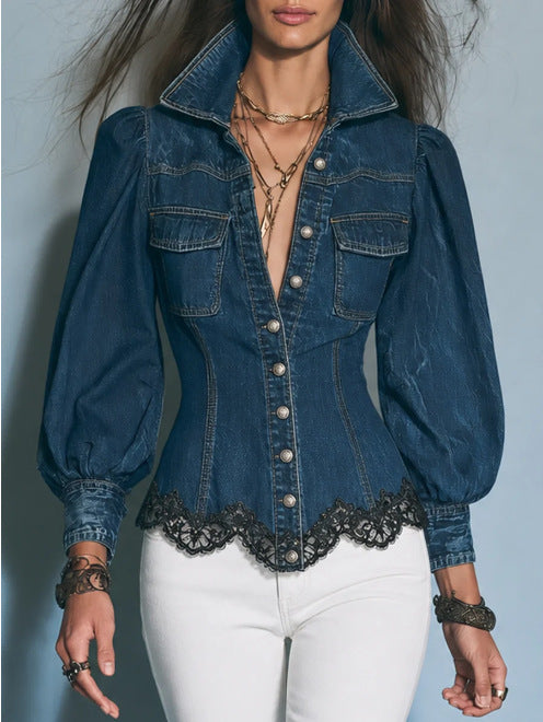 Puff Sleeve Lace Trim Fitted Denim Shirt
