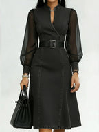 Belted Wrap V Neck Flared Hem Business Casual Dress