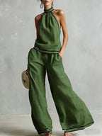 Halterneck Sleeveless Wide-Leg Pants Suit For Women