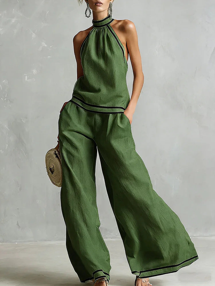 Halterneck Sleeveless Wide-Leg Pants Suit For Women