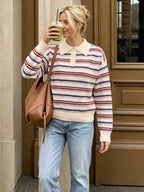 Women's Collared Half Button Colorful Striped Long Sleeve Knit Sweater